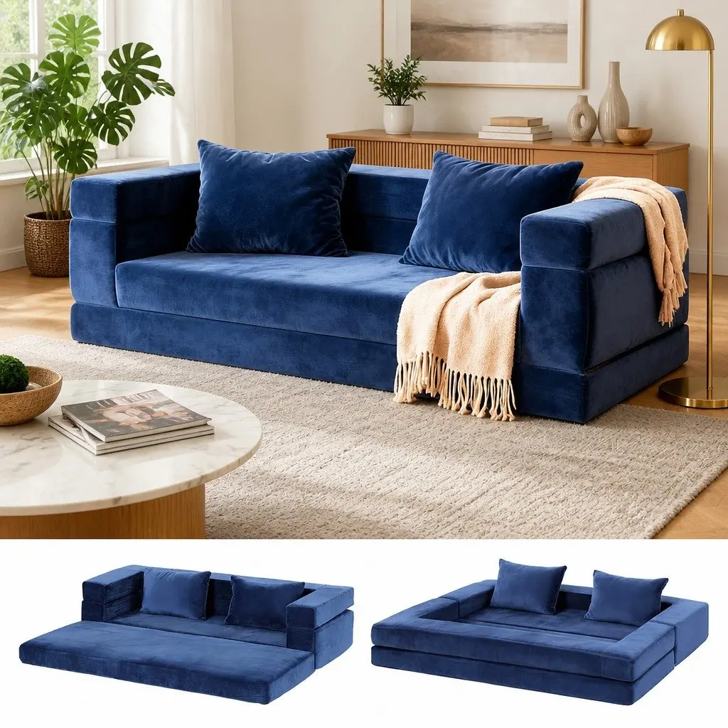 Convertible Sofa Bed 3-in-1 Foldable Lounge Couch Chair Blue Velvet Fabric