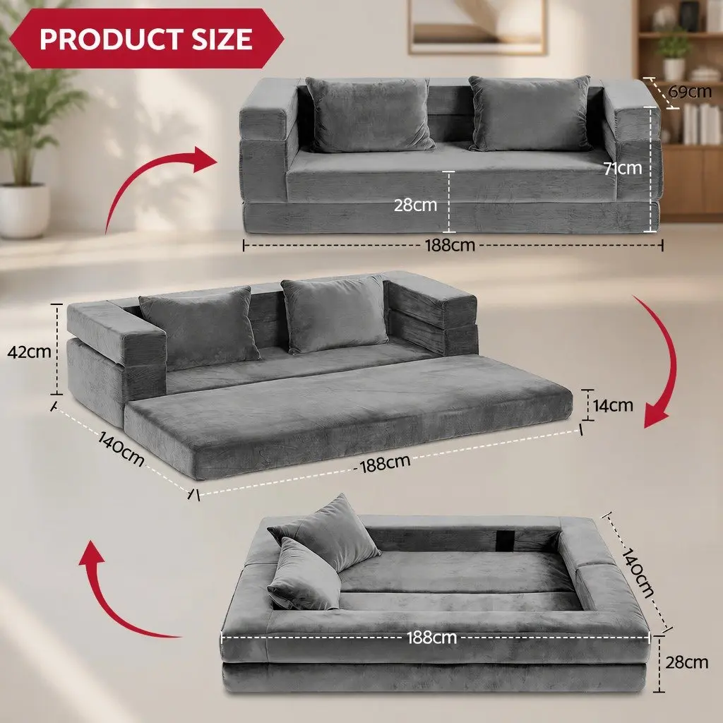 Convertible Sofa Bed Grey 3-in-1 Functionality Foldable Lounge Couch with Armrests and Soft Velvet Upholstery