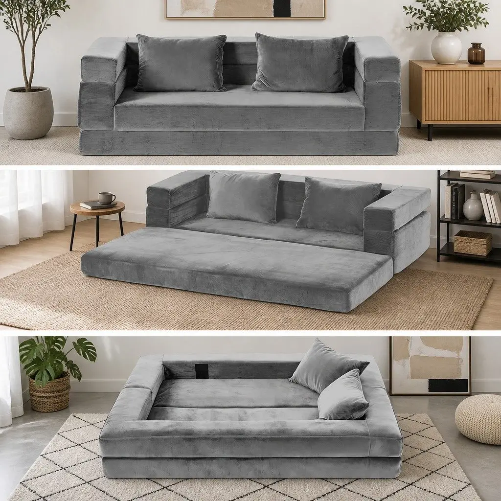 Convertible Sofa Bed Grey 3-in-1 Functionality Foldable Lounge Couch with Armrests and Soft Velvet Upholstery