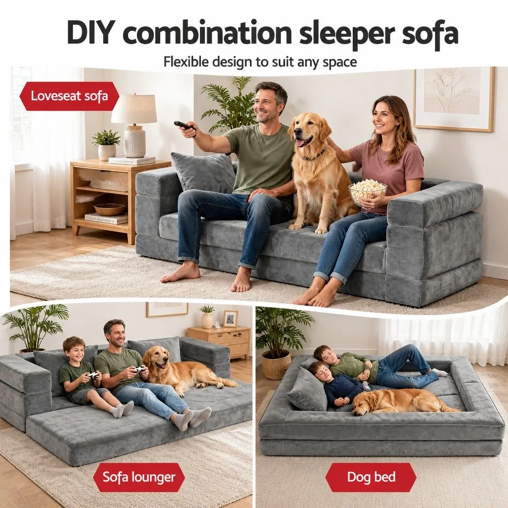 Convertible Sofa Bed Grey 3-in-1 Functionality Foldable Lounge Couch with Armrests and Soft Velvet Upholstery