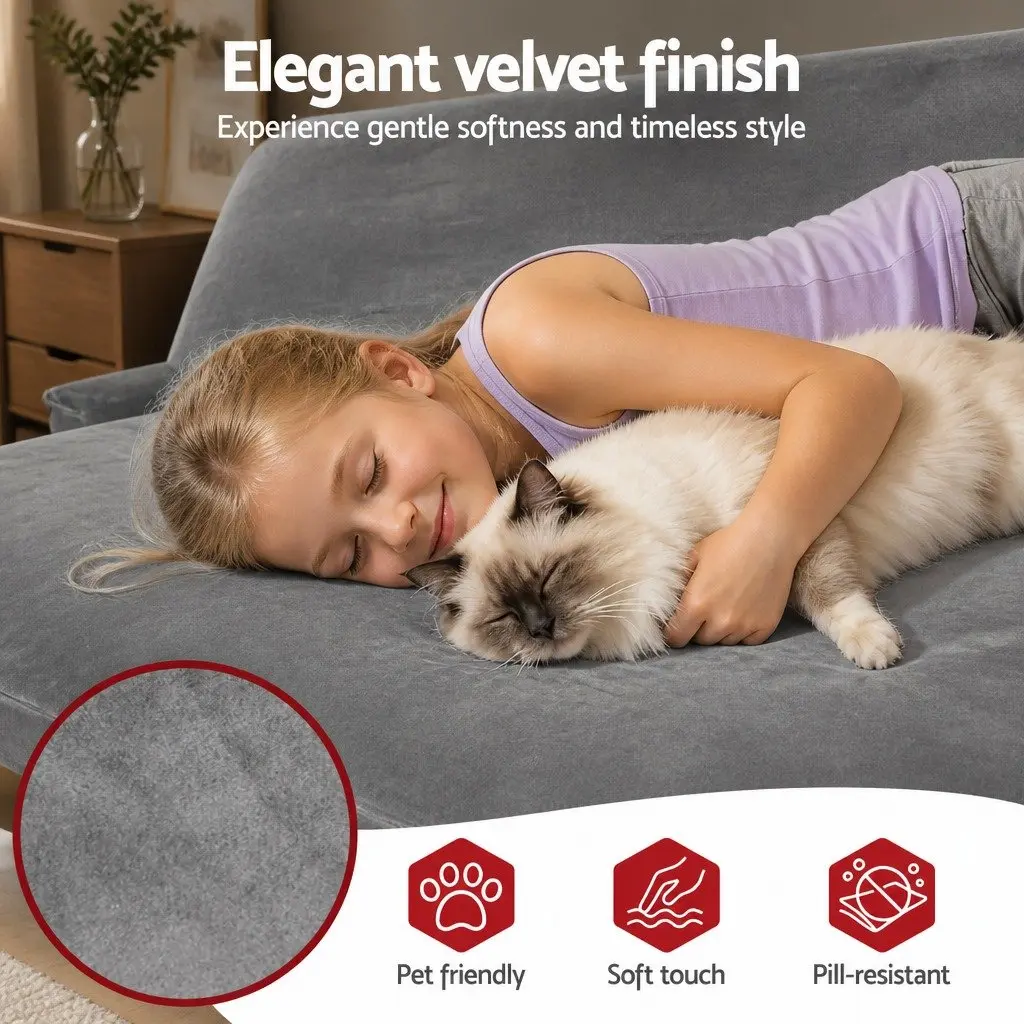 Convertible Sofa Bed Grey 3-in-1 Functionality Foldable Lounge Couch with Armrests and Soft Velvet Upholstery