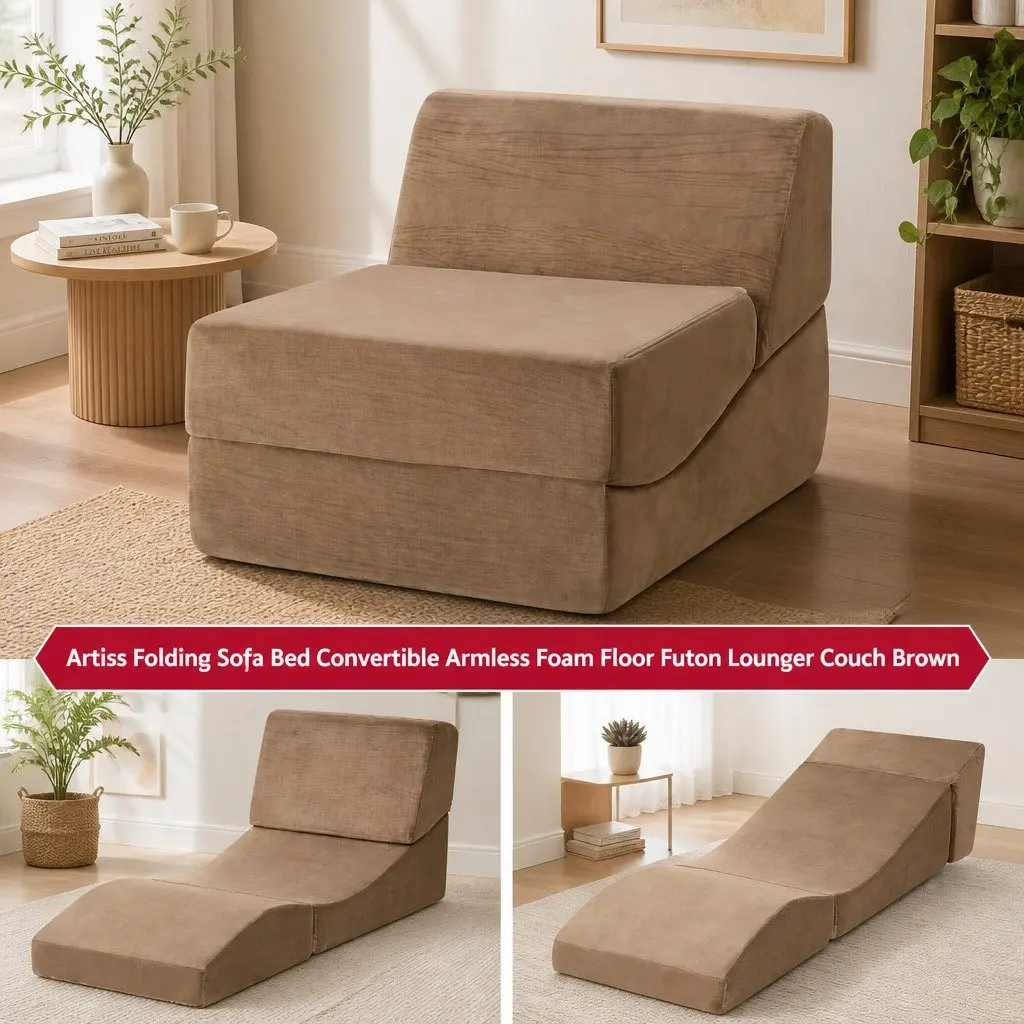 Folding Sofa Bed 3-in-1 Convertible Armless Foam Lounger Couch Chair Brown
