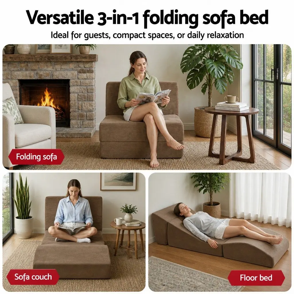 Folding Sofa Bed 3-in-1 Convertible Armless Foam Lounger Couch Chair Brown