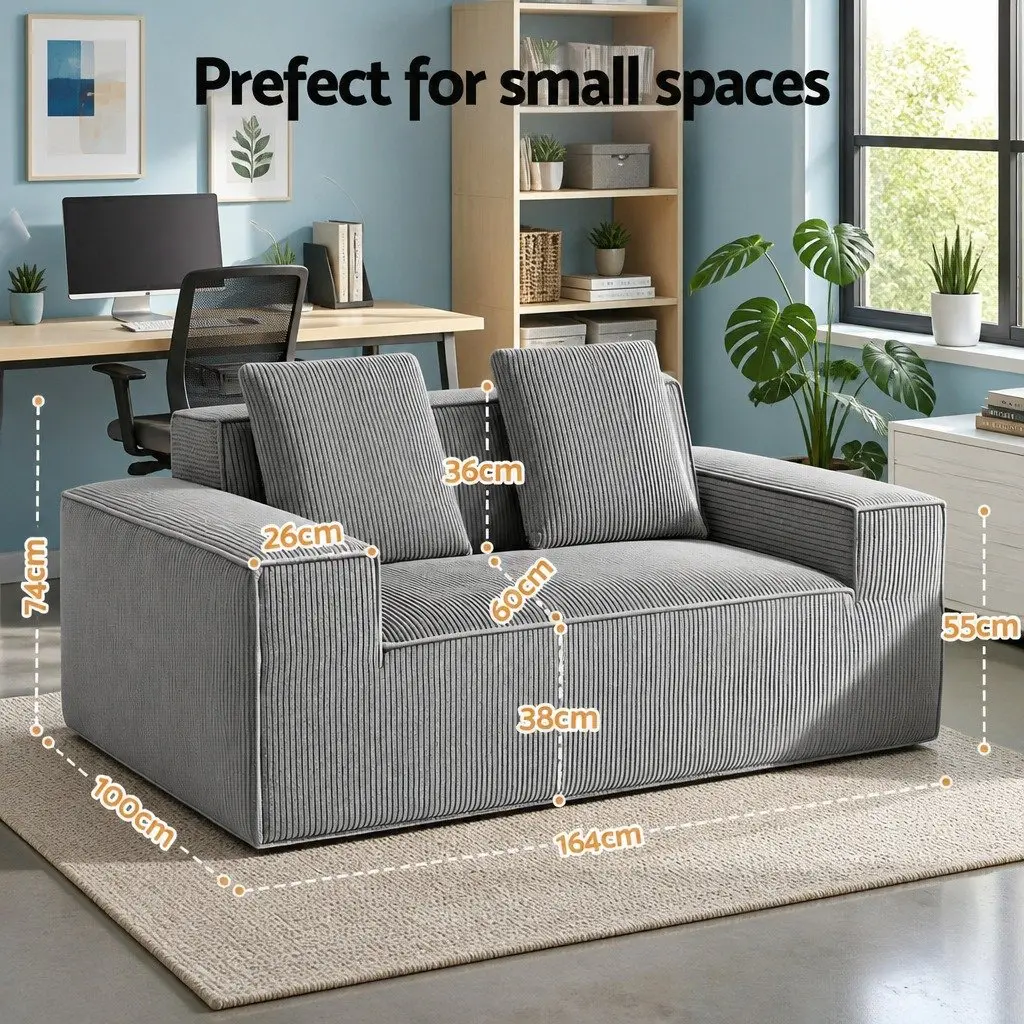 2 Seater Loveseat Sofa Bed Couch Small Grey Corduroy No Assembly Required