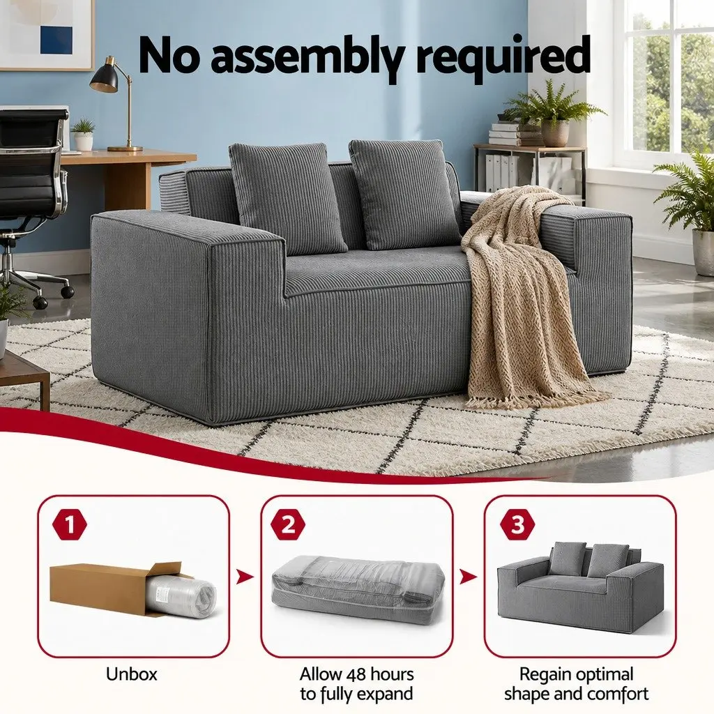 2 Seater Loveseat Sofa Bed Couch Small Grey Corduroy No Assembly Required
