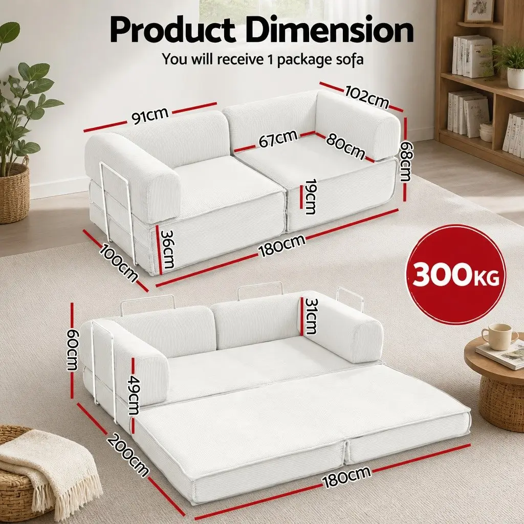 Convertible Folding Sofa Bed Beige 2-Seater Couch Sleeper Steel Frame Corduroy Upholstery High-Density Mattress