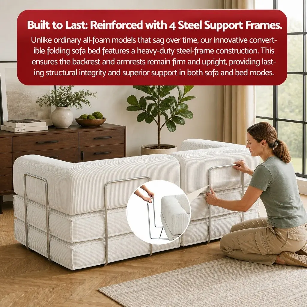 Convertible Folding Sofa Bed Beige 2-Seater Couch Sleeper Steel Frame Corduroy Upholstery High-Density Mattress