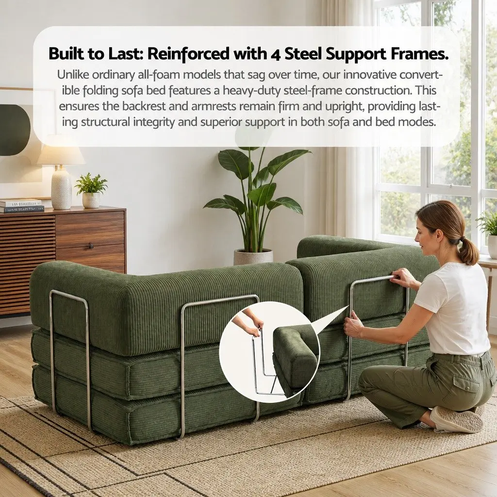 Convertible Sofa Bed Green 2-Seater Couch Sleeper Sturdy Steel Frame Breathable Corduroy Fabric High-Density Mattress