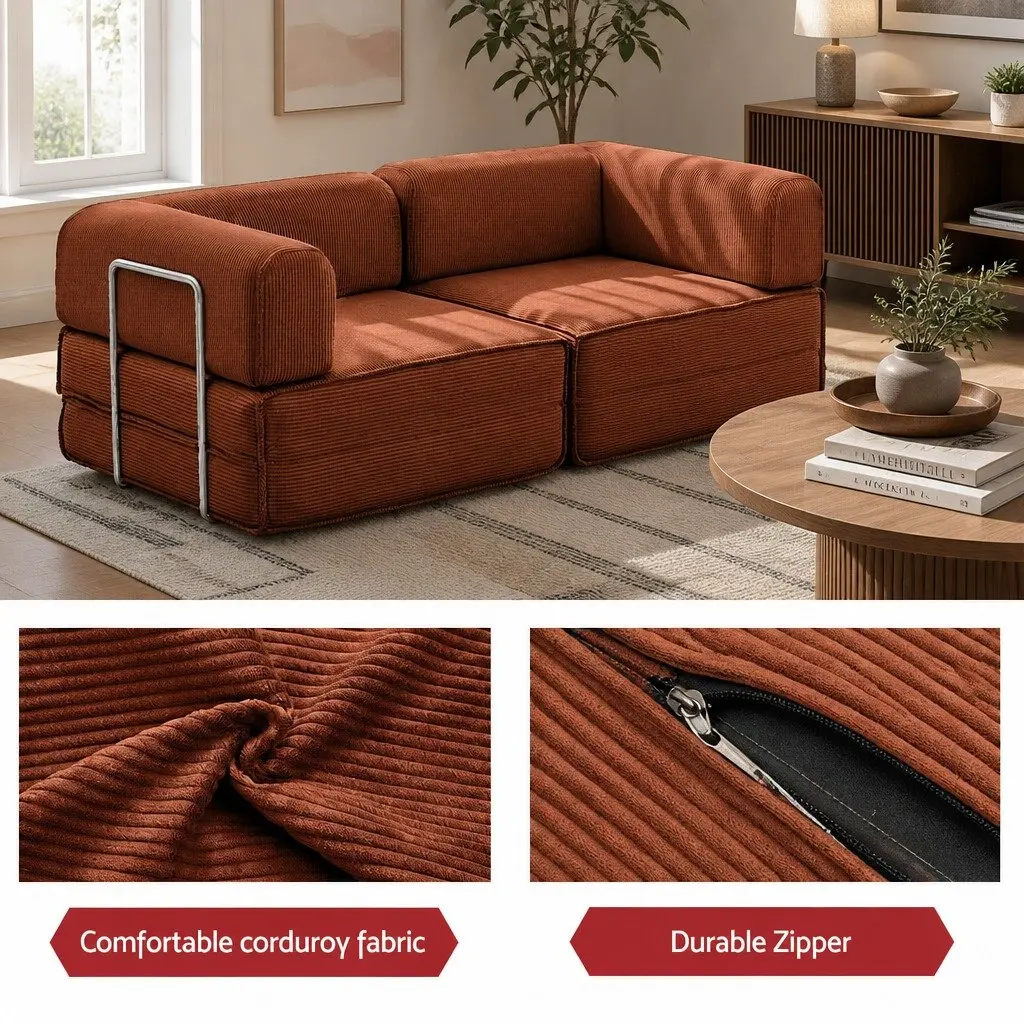 Convertible Folding Sofa Bed Orange 2-Seater Couch Sleeper Chair Corduroy