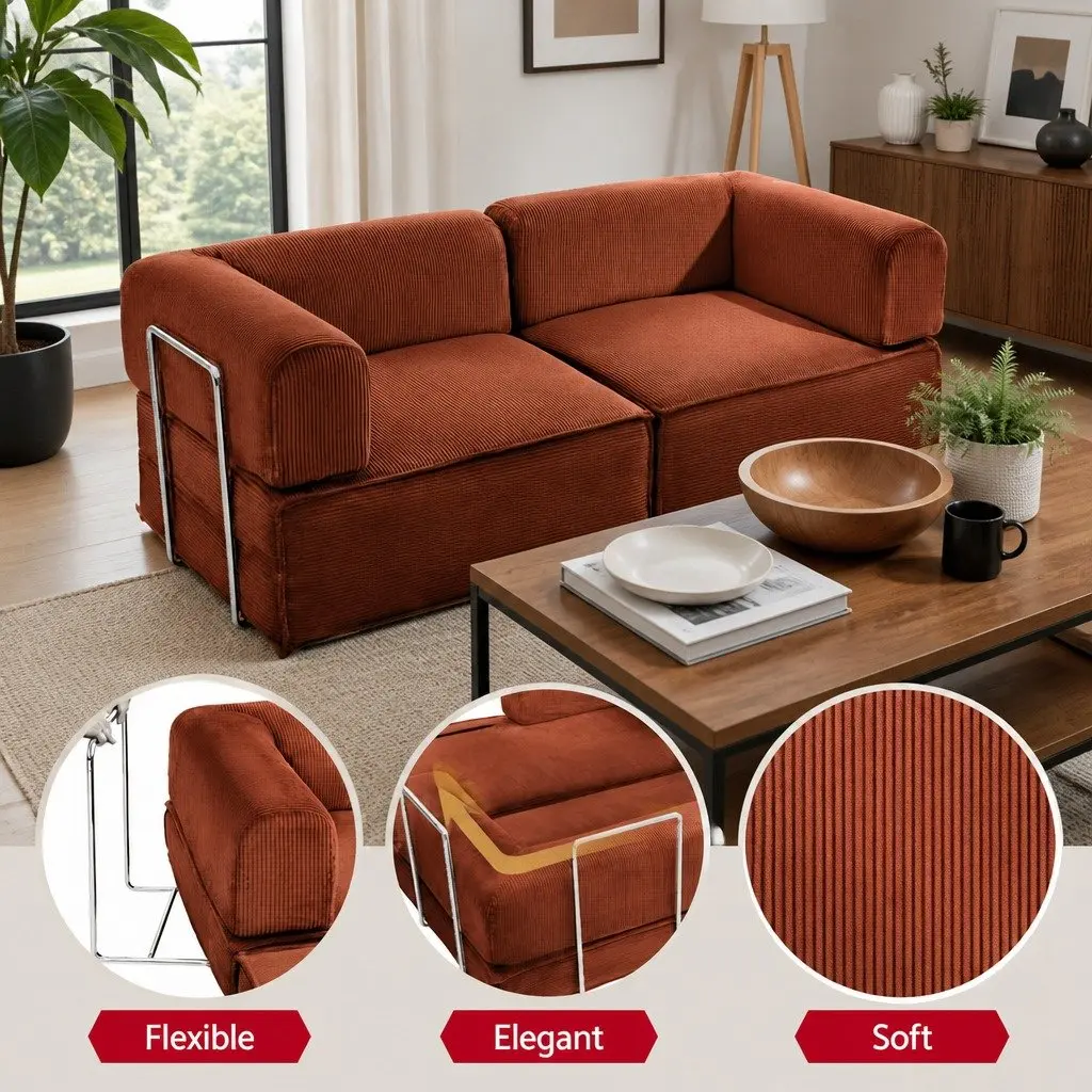 Convertible Folding Sofa Bed Orange 2-Seater Couch Sleeper Chair Corduroy