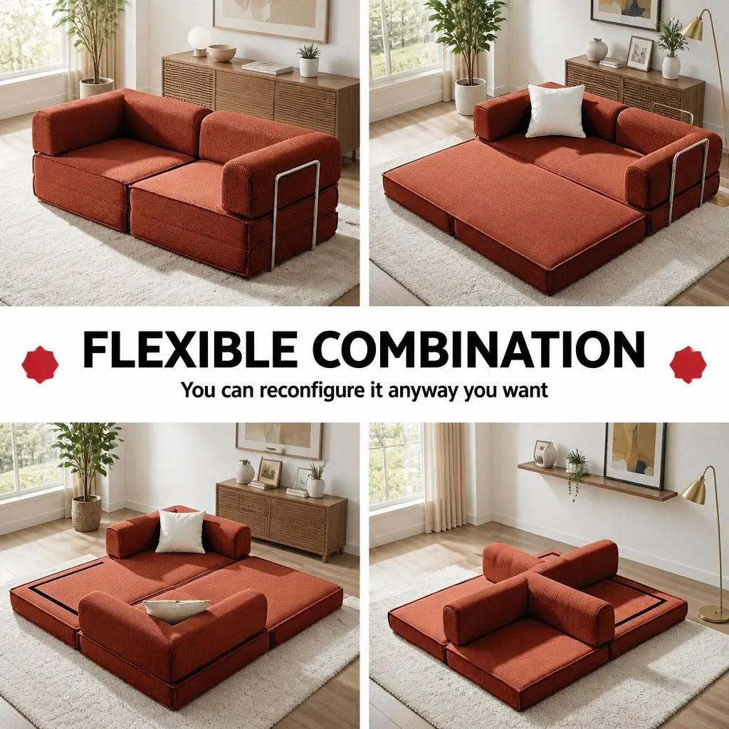 Convertible Folding Sofa Bed Orange 2-Seater Couch Sleeper Chair Corduroy