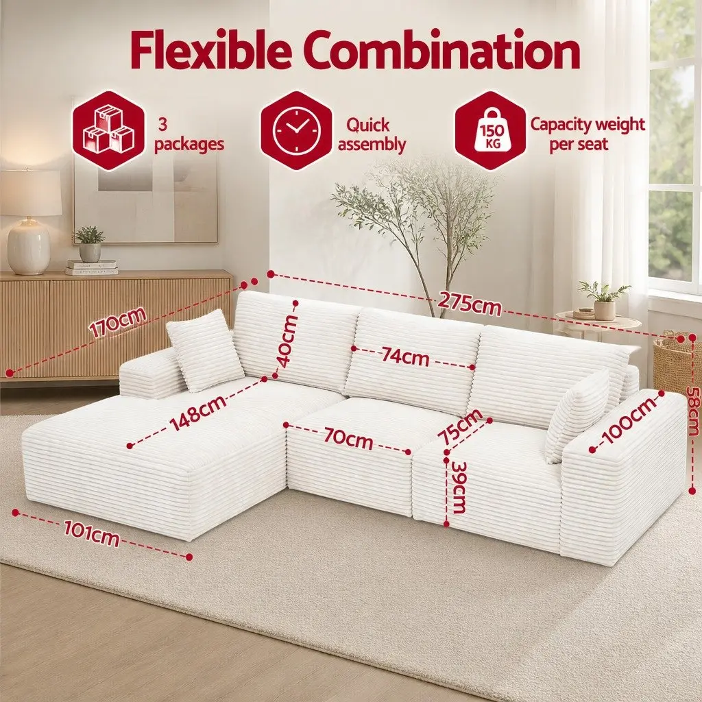 3 Seater Sofa Bed L-Shaped Modular Sectional Couch White Corduroy