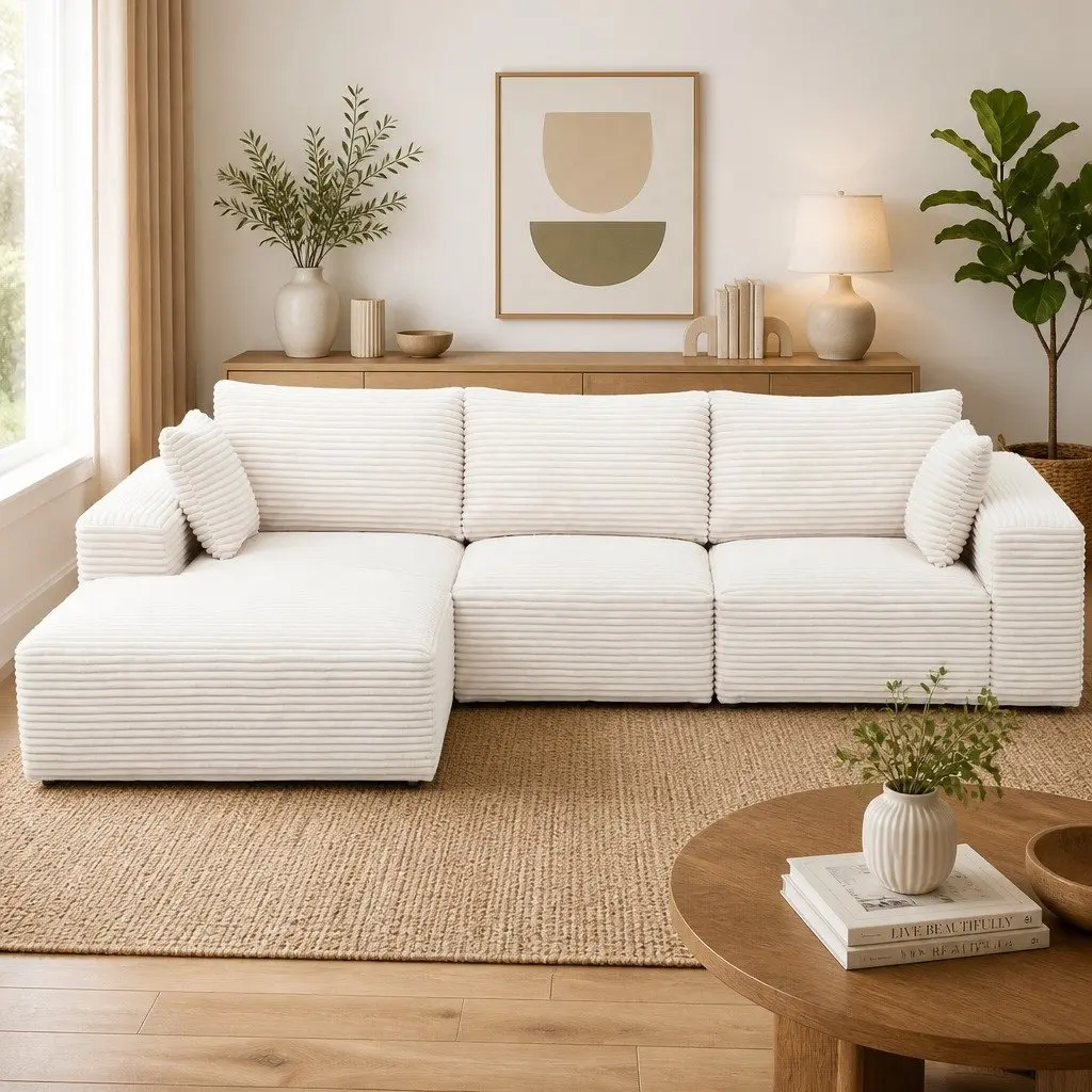 3 Seater Sofa Bed L-Shaped Modular Sectional Couch White Corduroy