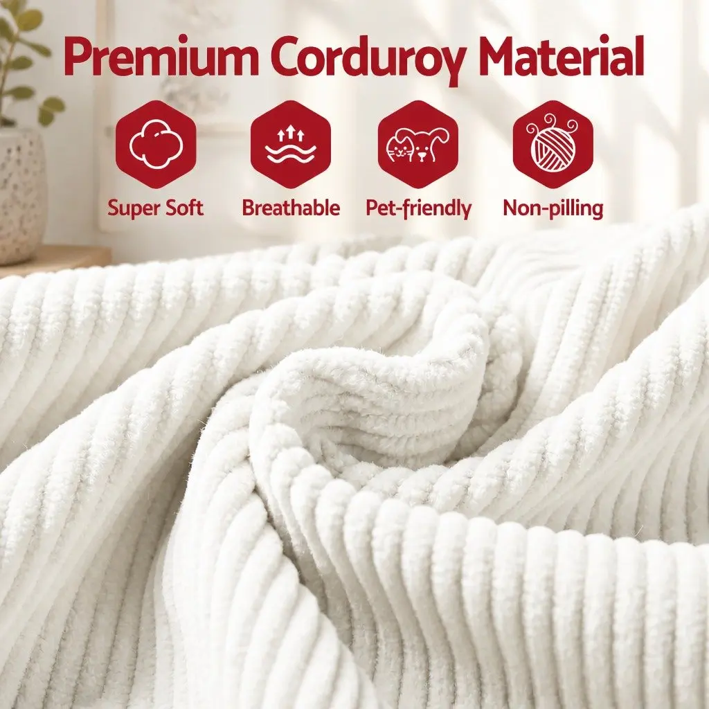 3 Seater Sofa Bed L-Shaped Modular Sectional Couch White Corduroy