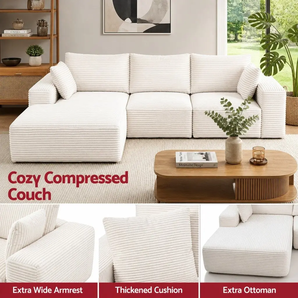 3 Seater Sofa Bed L-Shaped Modular Sectional Couch White Corduroy