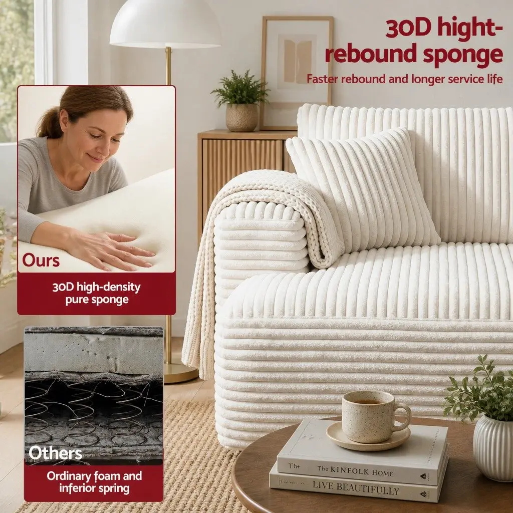 3 Seater Sofa Bed L-Shaped Modular Sectional Couch White Corduroy