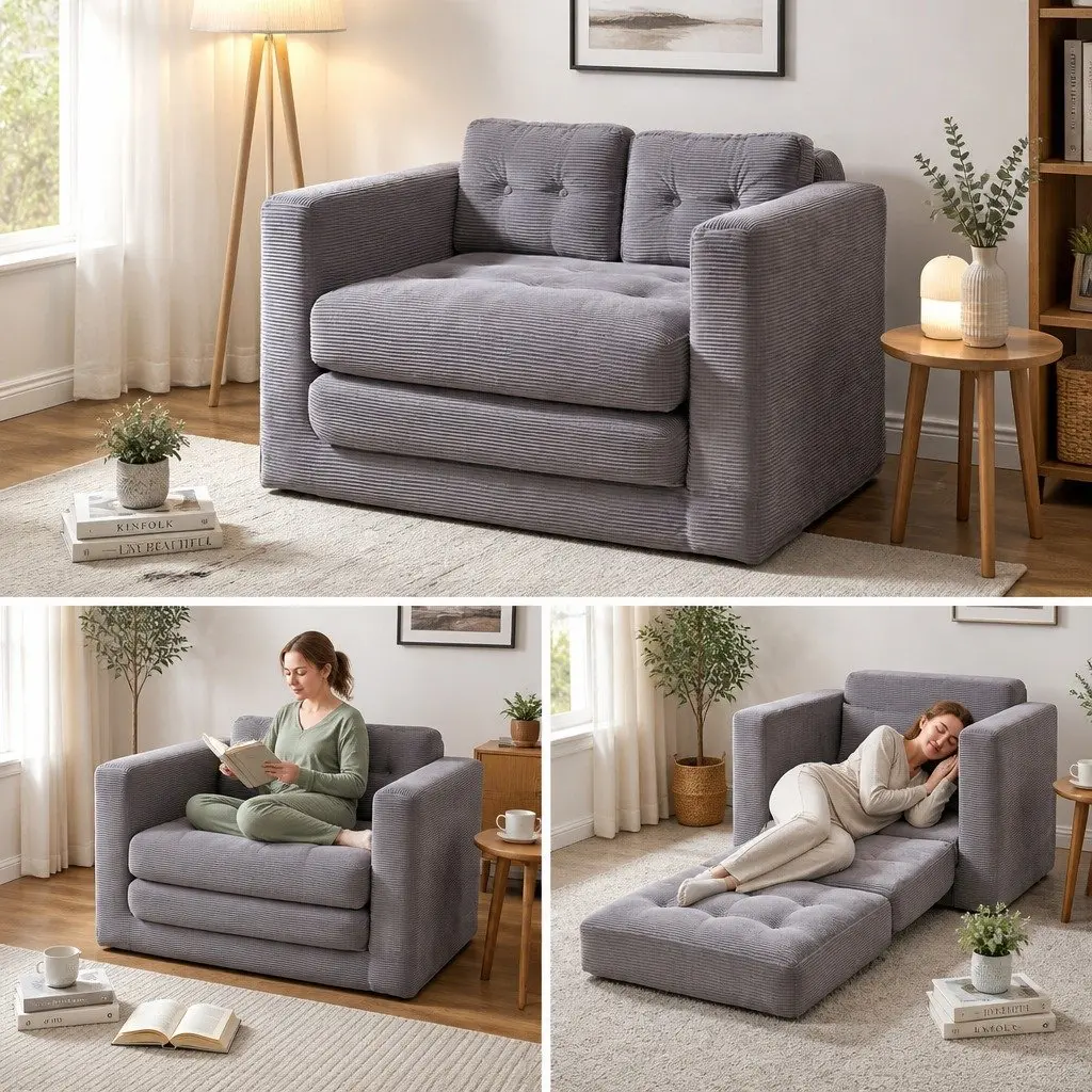 2 Seater Convertible Sofa Bed Grey Corduroy Boneless Pull Out Couch