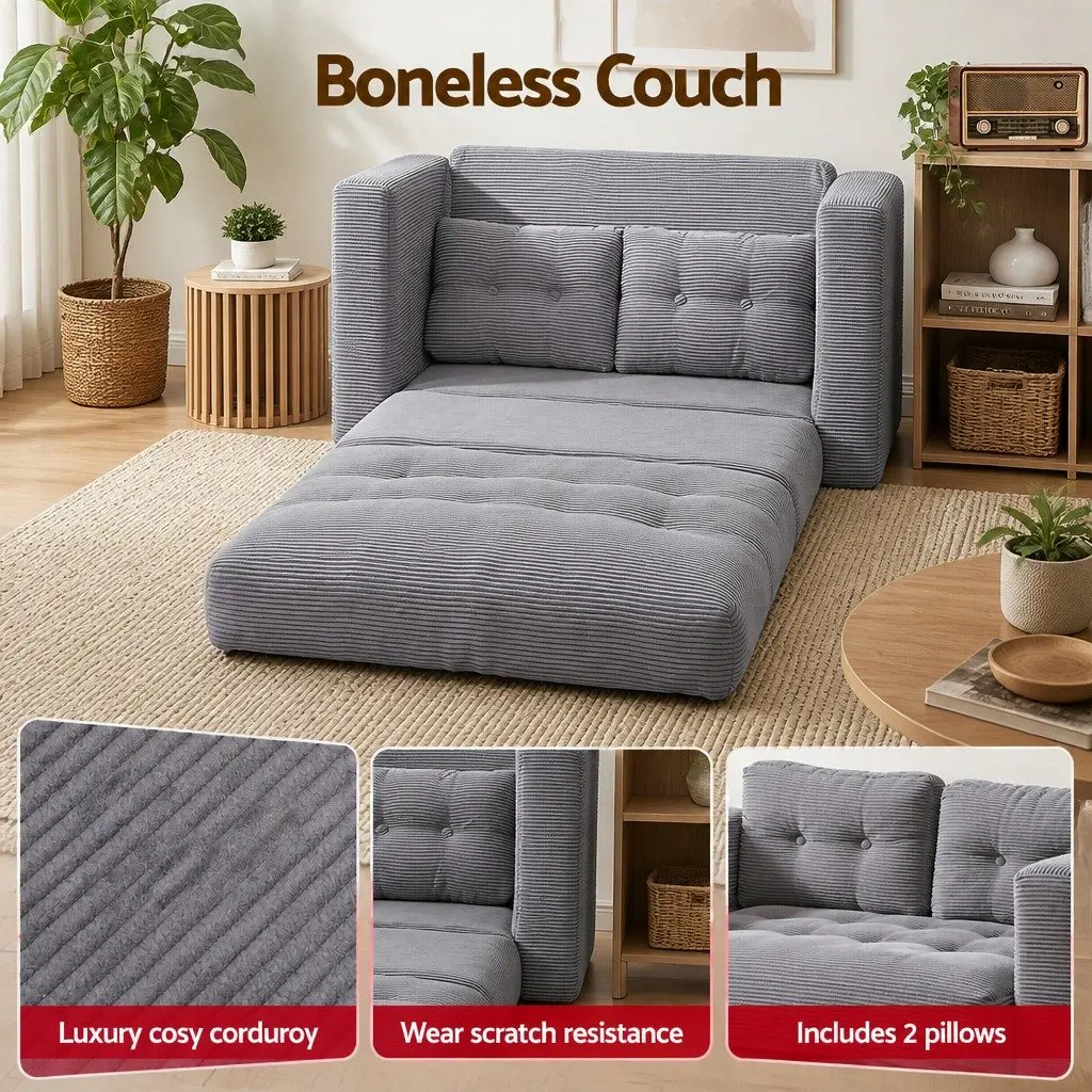2 Seater Convertible Sofa Bed Grey Corduroy Boneless Pull Out Couch