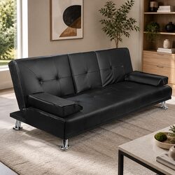 3 Seater Sofa Bed Convertible Lounge Recliner Cup Holder Black Faux Leather