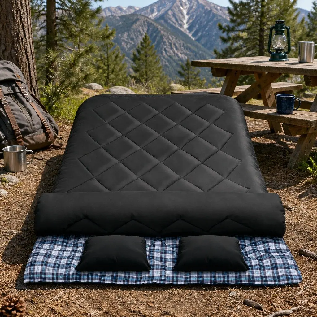 Double Sleeping Bag 220cm x 150cm -10°C Thermal Waterproof with Two Pillows Grey Convertible