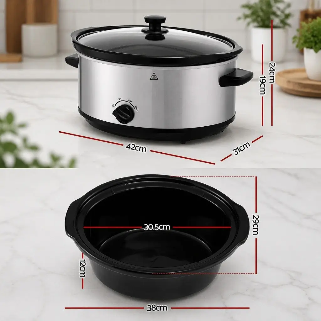 Slow Cooker 6.5L Electric Multi Cooker 3 Heat Settings Keep Warm Silver