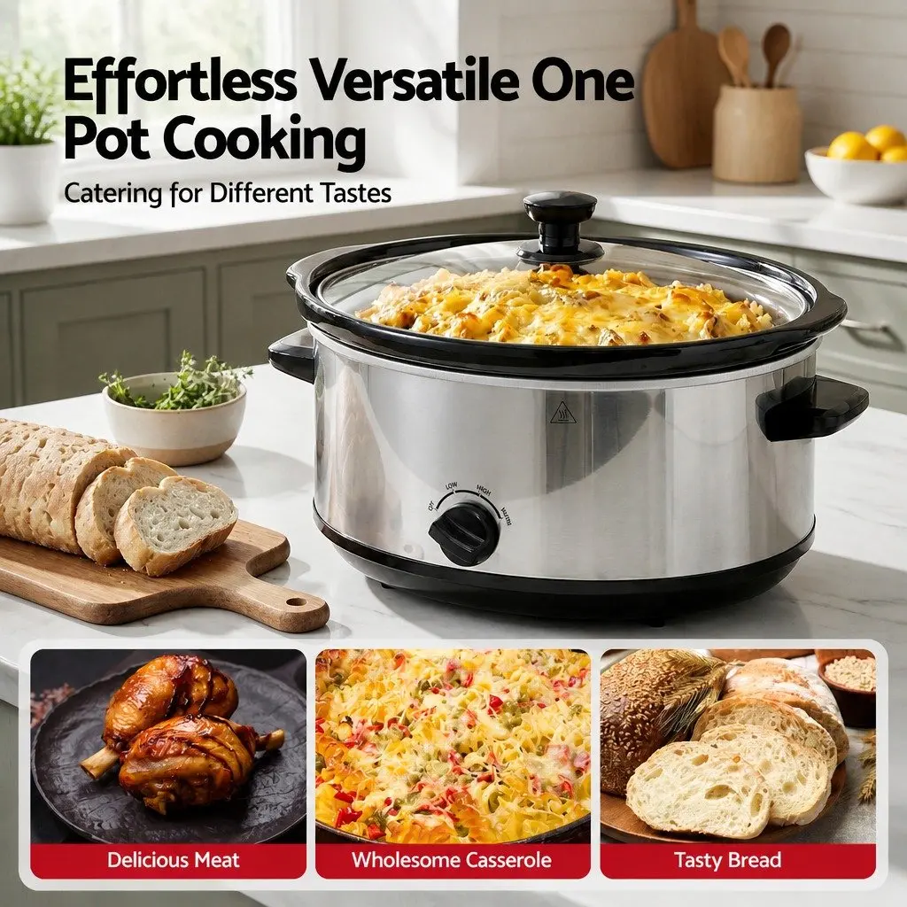 Slow Cooker 6.5L Electric Multi Cooker 3 Heat Settings Keep Warm Silver