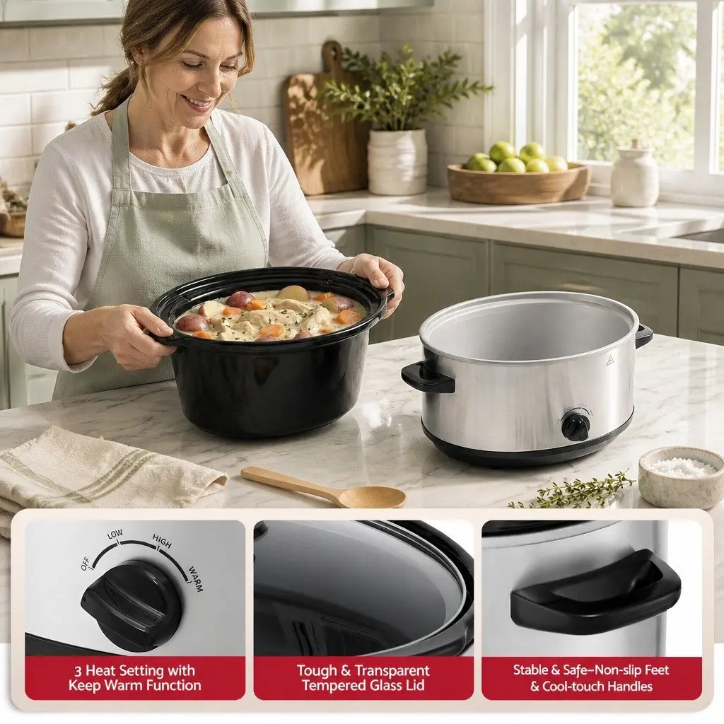 Slow Cooker 6.5L Electric Multi Cooker 3 Heat Settings Keep Warm Silver