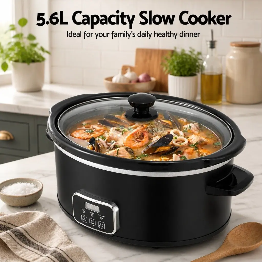 5.6L Electric Slow Cooker Black 3 Heat Settings Keep Warm Function