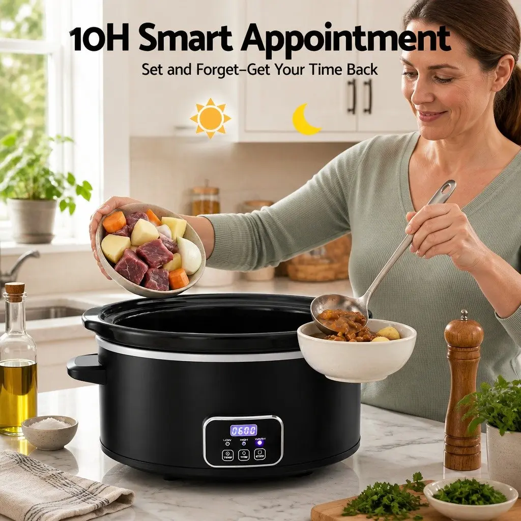 5.6L Electric Slow Cooker Black 3 Heat Settings Keep Warm Function