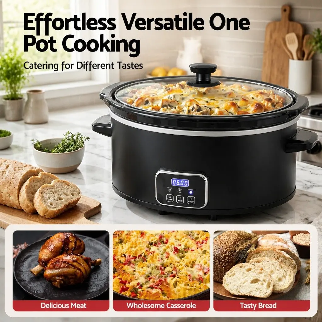 5.6L Electric Slow Cooker Black 3 Heat Settings Keep Warm Function