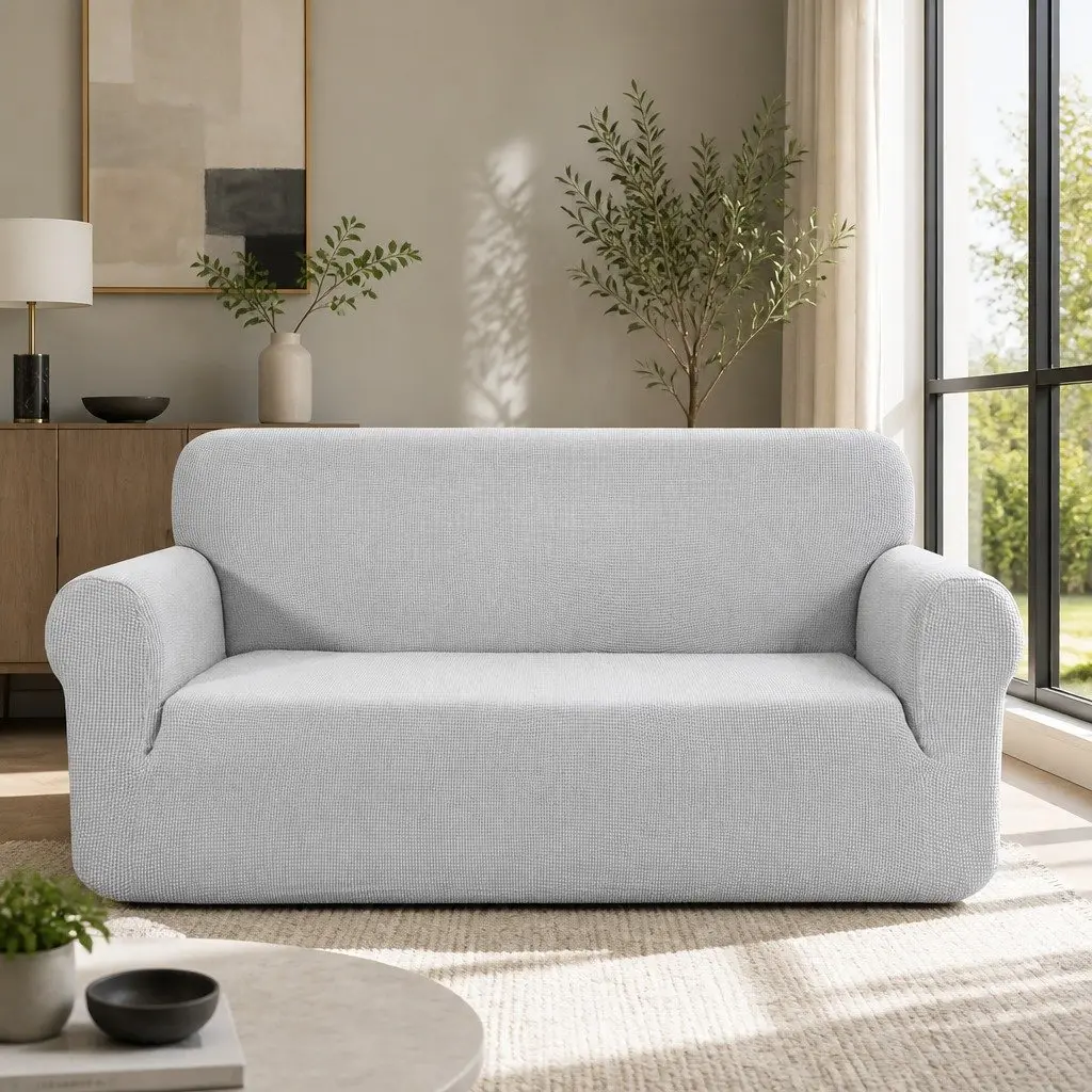 Grey High Stretch Polar Fleece Sofa Cover for 3 Seater Couch Protector with Anti-Slip Strips and Machine Washable Feature