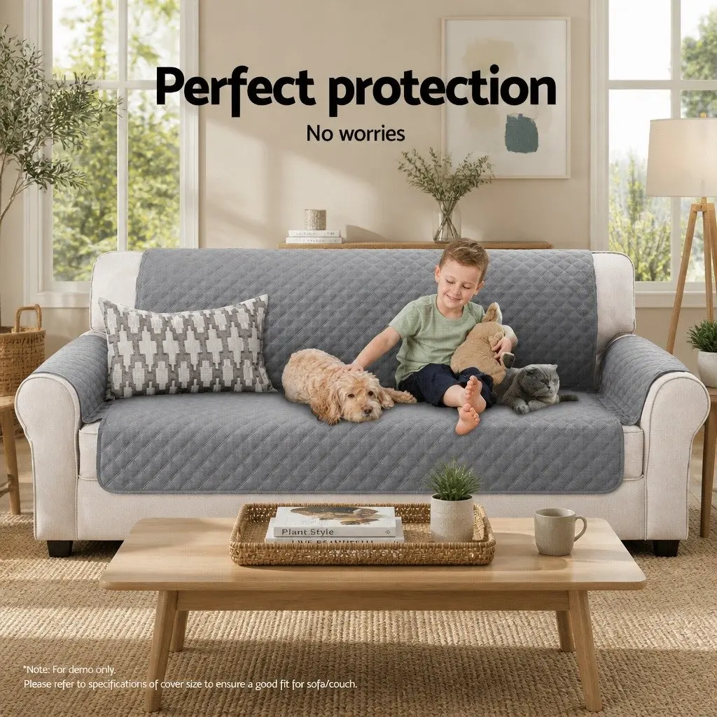 Sofa Cover 3 Seater Grey Diamond Quilted Anti-Scratch Microfibre Couch Protector