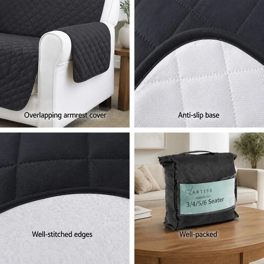 4 Seater Sofa Cover Water Resistant Diamond Quilted Design Anti-slip Dark Grey