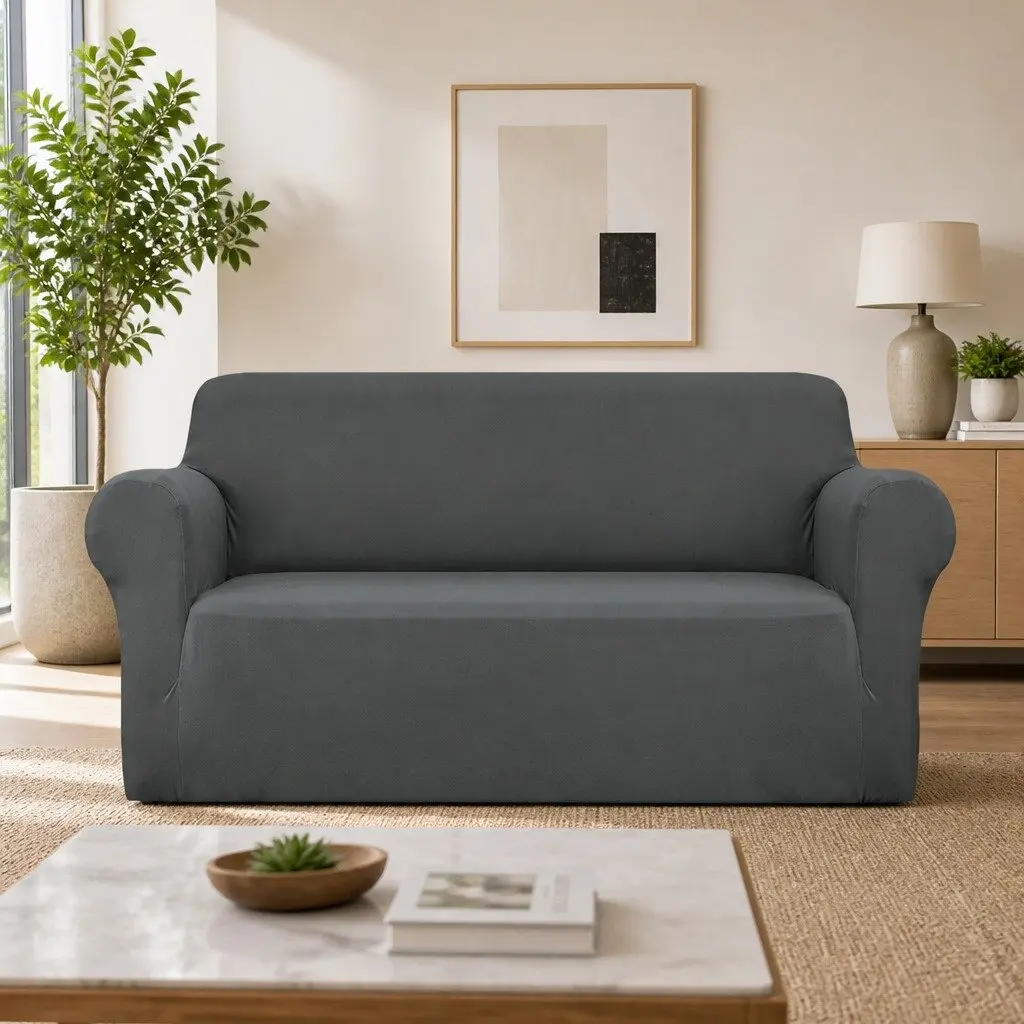 3 Seater Sofa Cover Stretch Knitted Fabric Couch Slipcover Grey Easy Installation