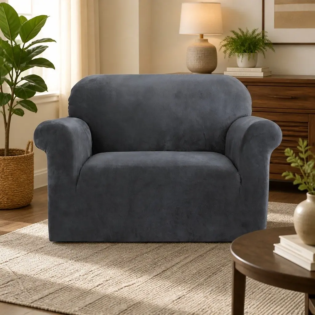 Sofa Cover 1 Seater Velvet Stretch Grey Machine Washable