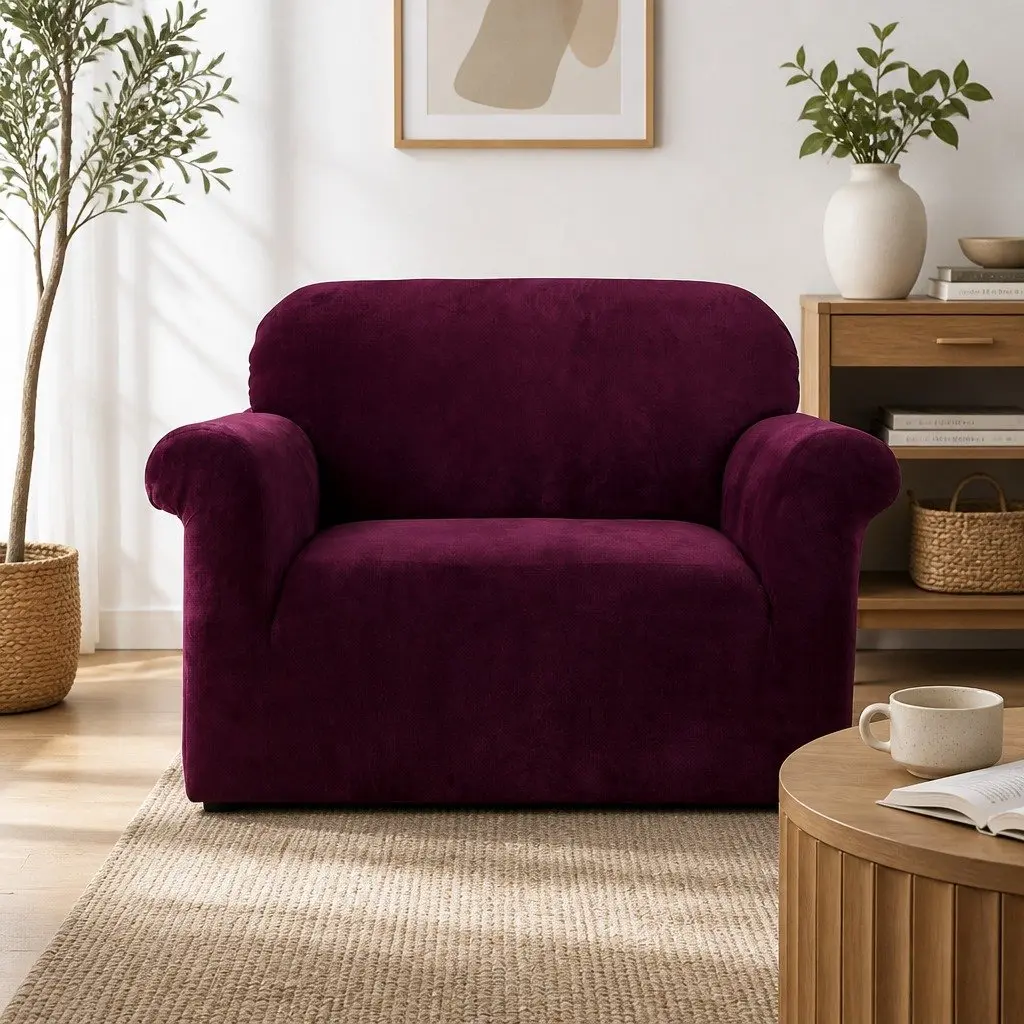 1 Seater Sofa Cover Velvet Couch Furniture Protector Ruby Red