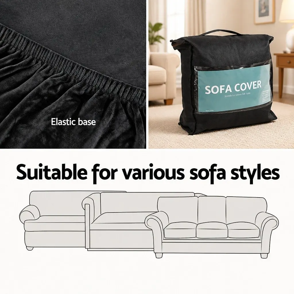 2 Seater Sofa Cover Black Velvet Stretch Washable Protector