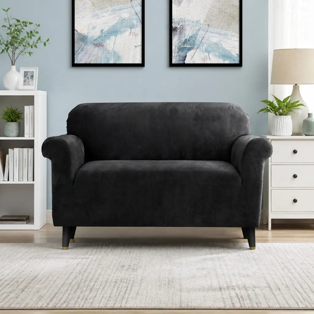 2 Seater Sofa Cover Black Velvet Stretch Washable Protector
