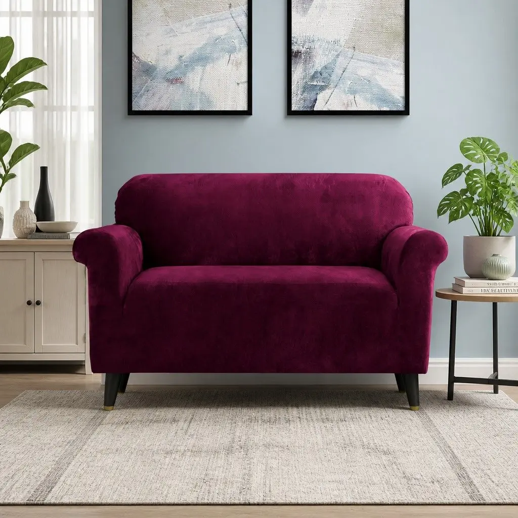 2 Seater Couch Protector Velvet Cover Stretch Furniture Ruby Red
