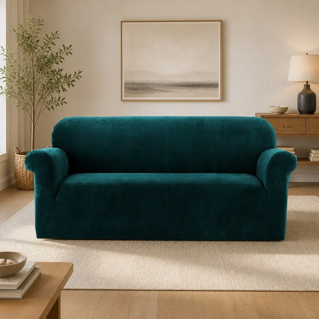 3 Seater Sofa Cover Velvet Couch Protector Stretch Armchair Slipcover Agate Green