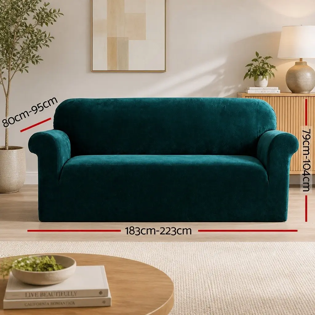 3 Seater Sofa Cover Velvet Couch Protector Stretch Armchair Slipcover Agate Green