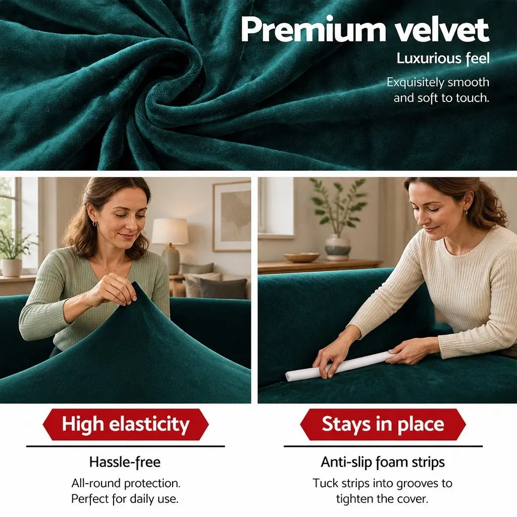 3 Seater Sofa Cover Velvet Couch Protector Stretch Armchair Slipcover Agate Green