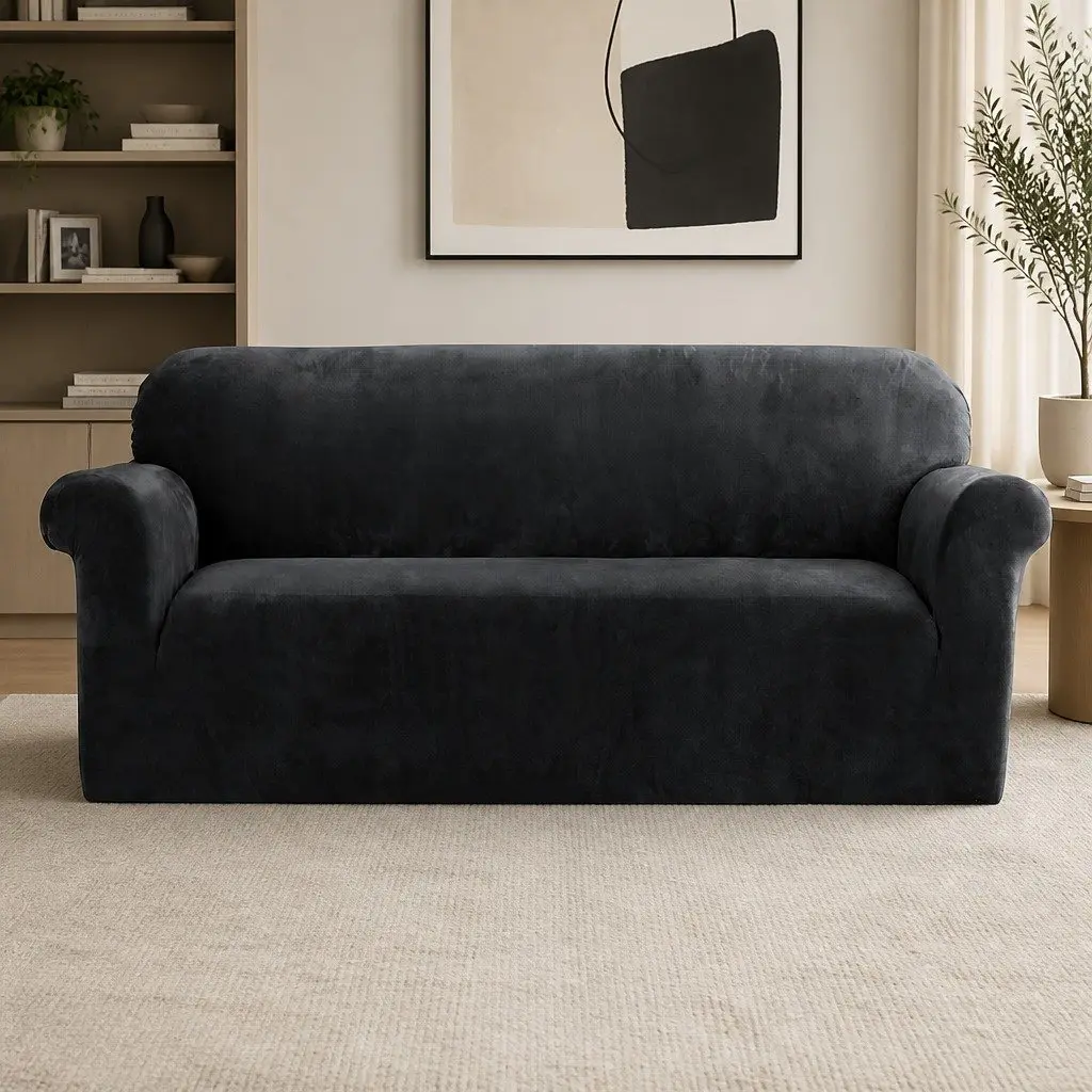 3 Seater Sofa Cover Black Velvet Stretch Elastic Furniture Protector