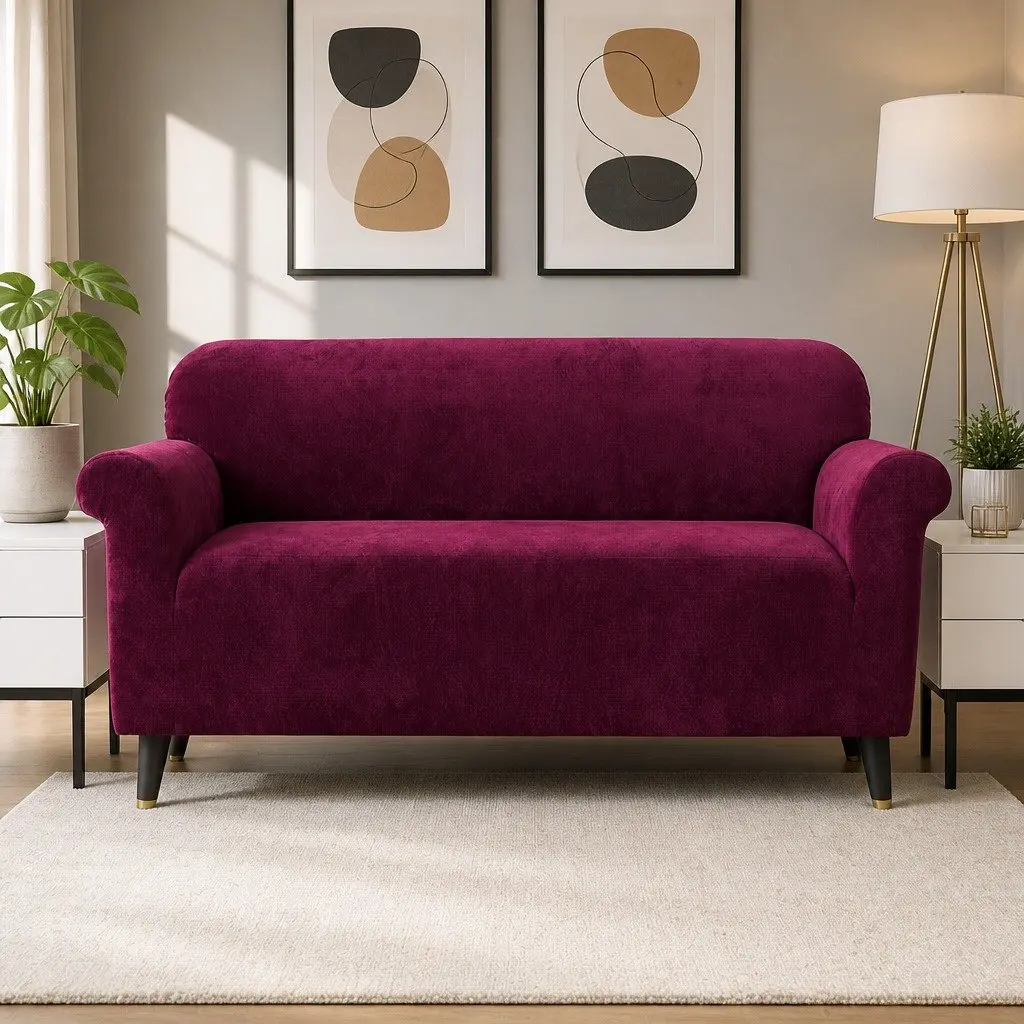 3 Seater Sofa Cover Stretchable Velvet Protector Anti-slip Ruby Red
