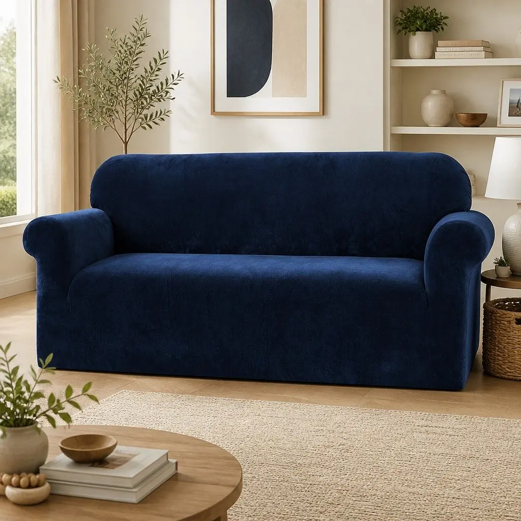 3 Seater Sofa Cover Navy Blue Stretch Velvet Anti-Slip Washable Protector