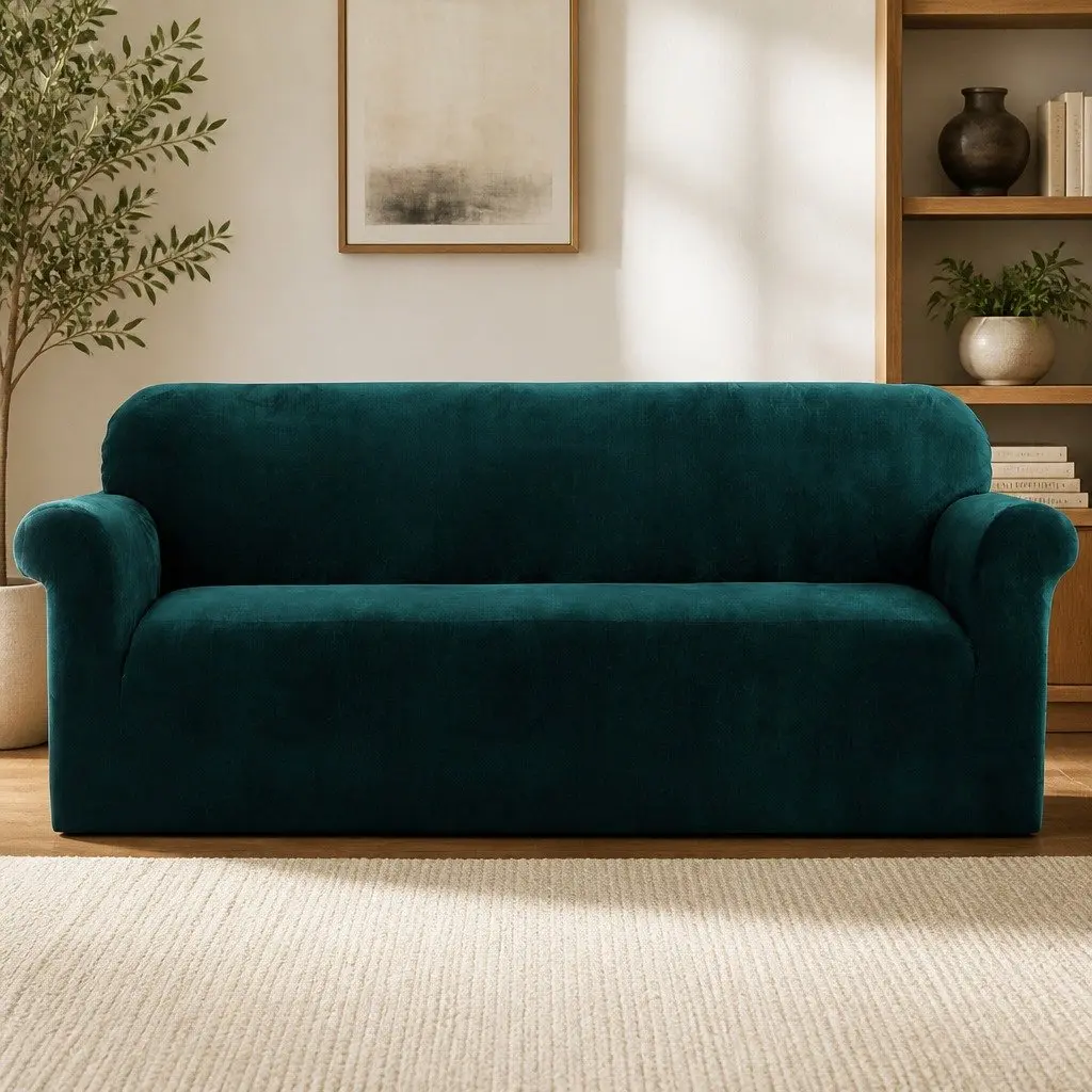 4 Seater Couch Protector Velvet Stretch Cover Agate Green Soft Material Machine Washable