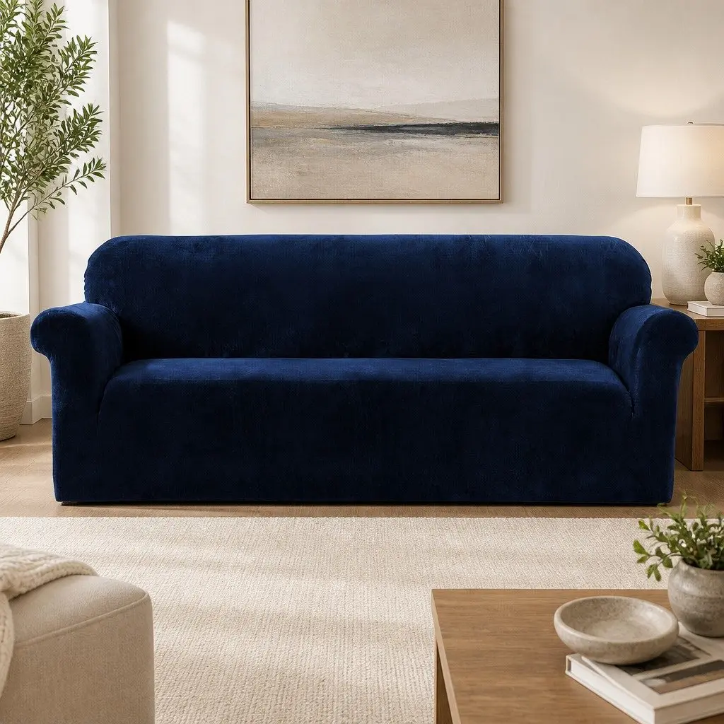 4 Seater Sofa Cover Navy Blue Velvet Stretchable Anti-Slip