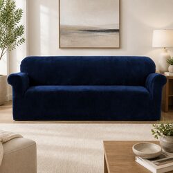 4 Seater Sofa Cover Velvet Couch Protector Navy Blue Stretchable Anti-Slip