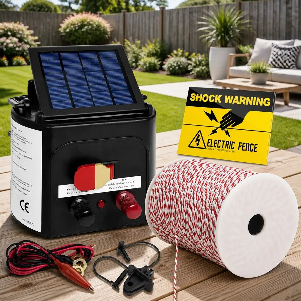 Solar Electric Fence Energiser 5km Livestock Pet Control Poly Wire Insulators