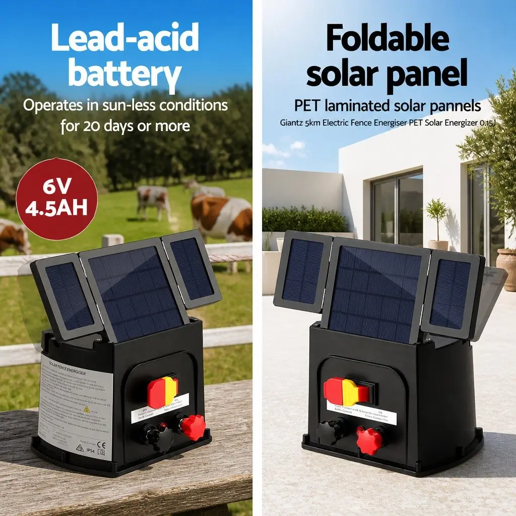 Solar Electric Fence Energiser 5km 0.15J Discharge Energy with Foldable PET Solar Panel